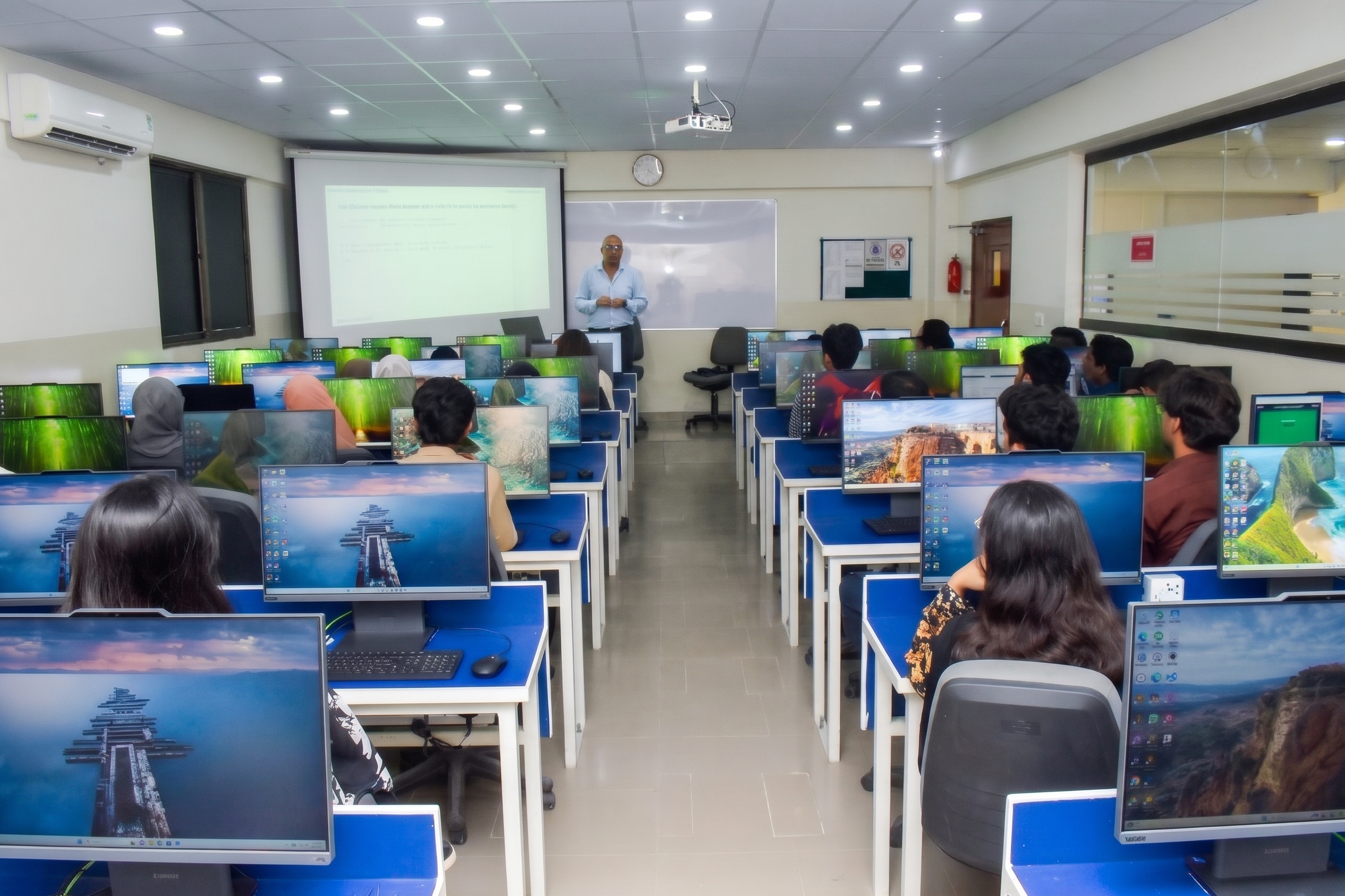 Haris Jafri leading a hands-on computer lab training session with students and professionals